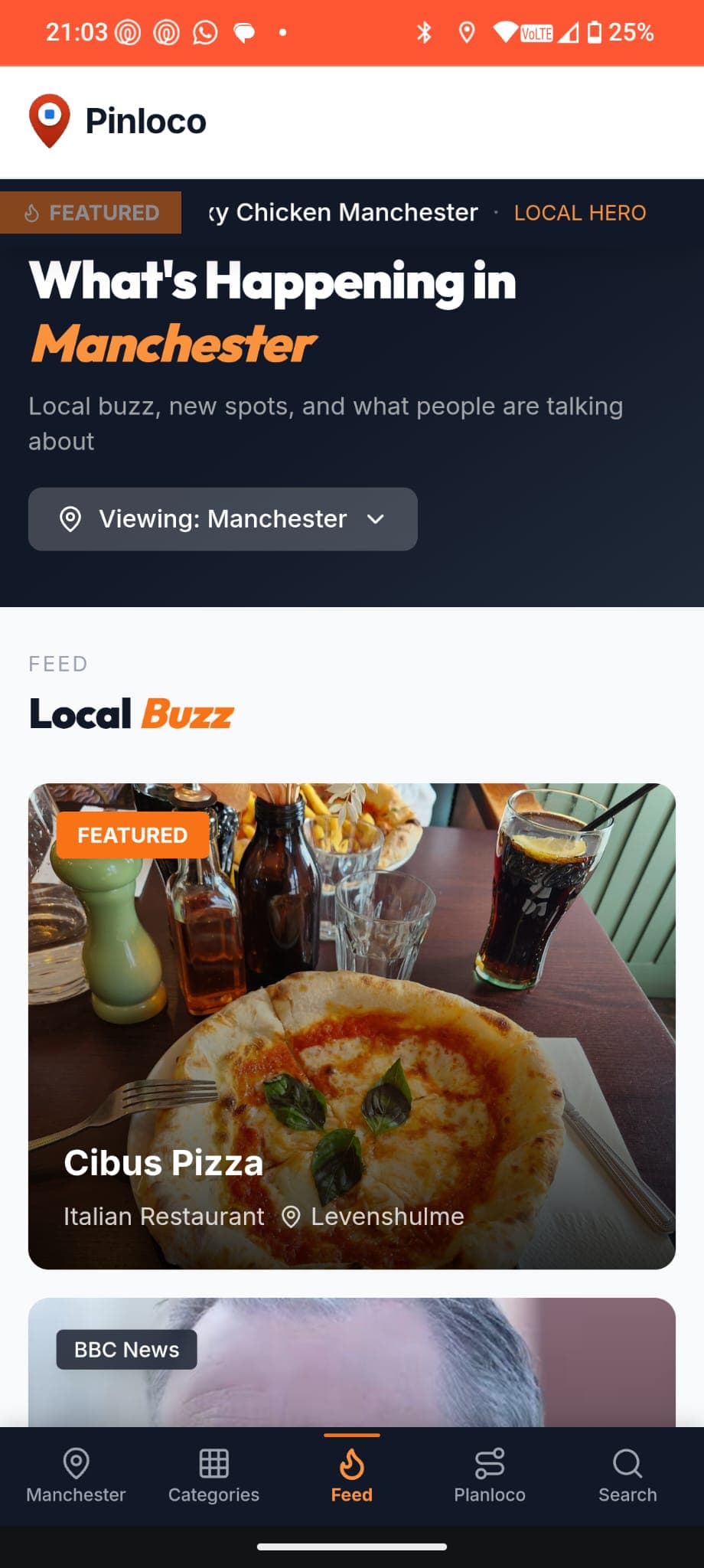 Pinloco mobile feed — Local Buzz in Manchester with featured businesses
