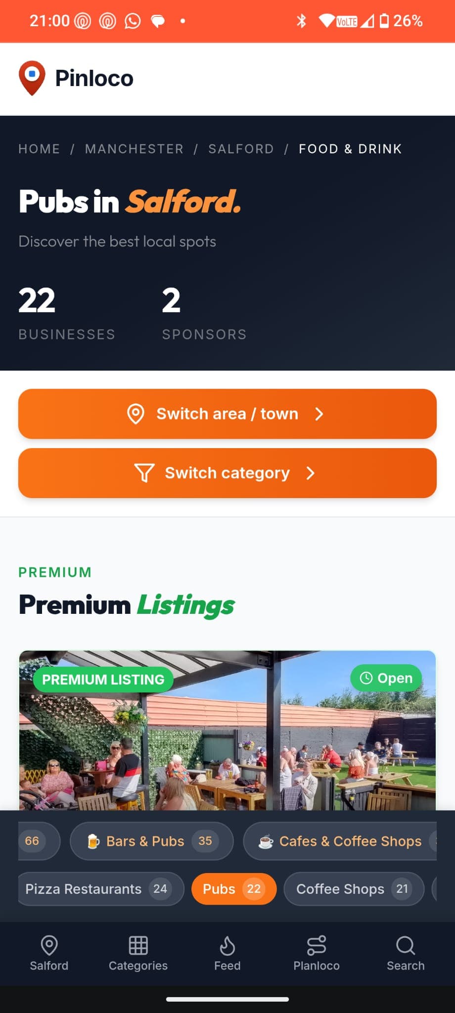 Pubs in Salford — category view with premium listings and category filters